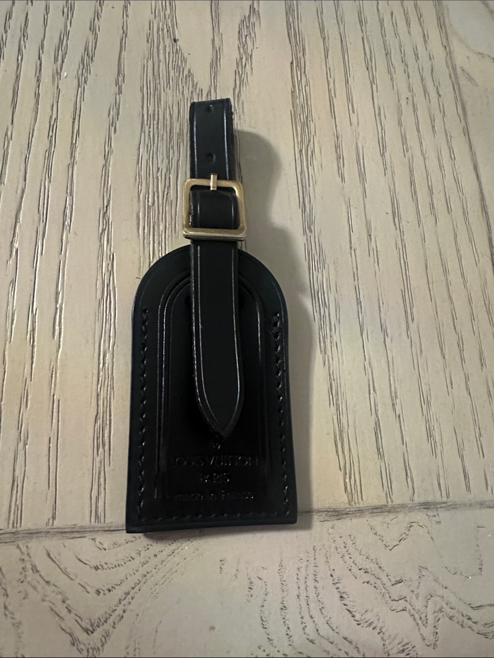 Black Leather Louis Vuitton Luggage Tag with Gold Buckle